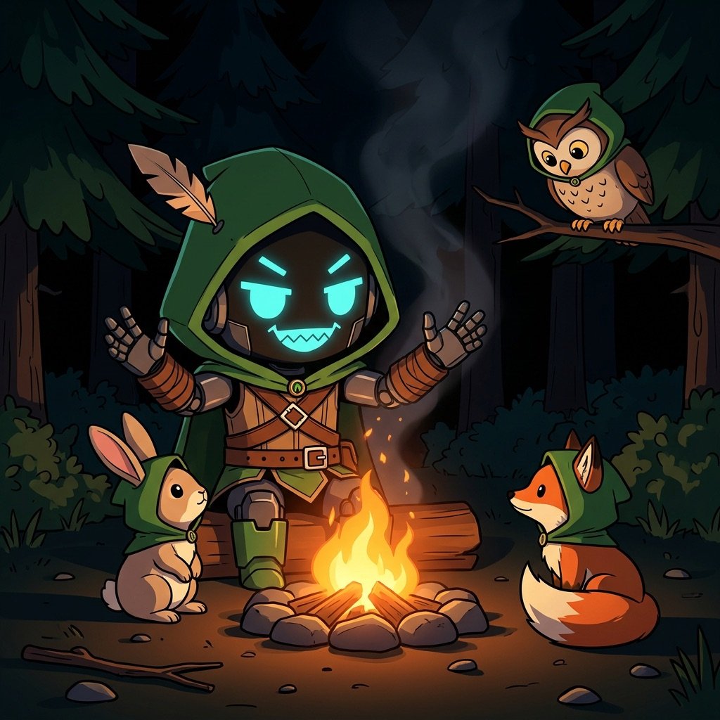 Grokbin telling stories at the campfire