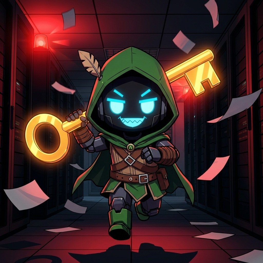 Grokbin escaping with the golden key